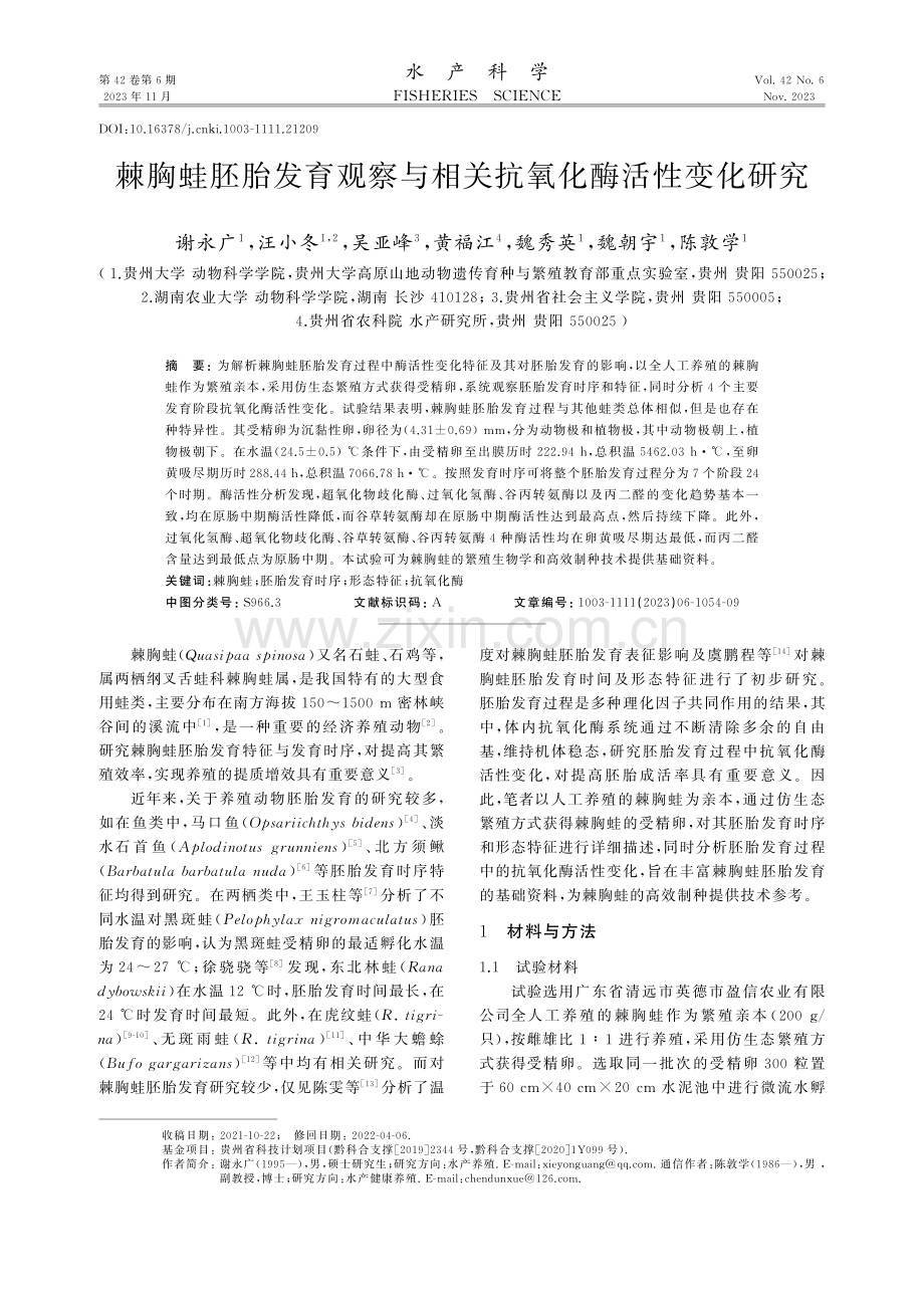 棘胸蛙胚胎发育观察与相关抗氧化酶活性变化研究.pdf_第1页