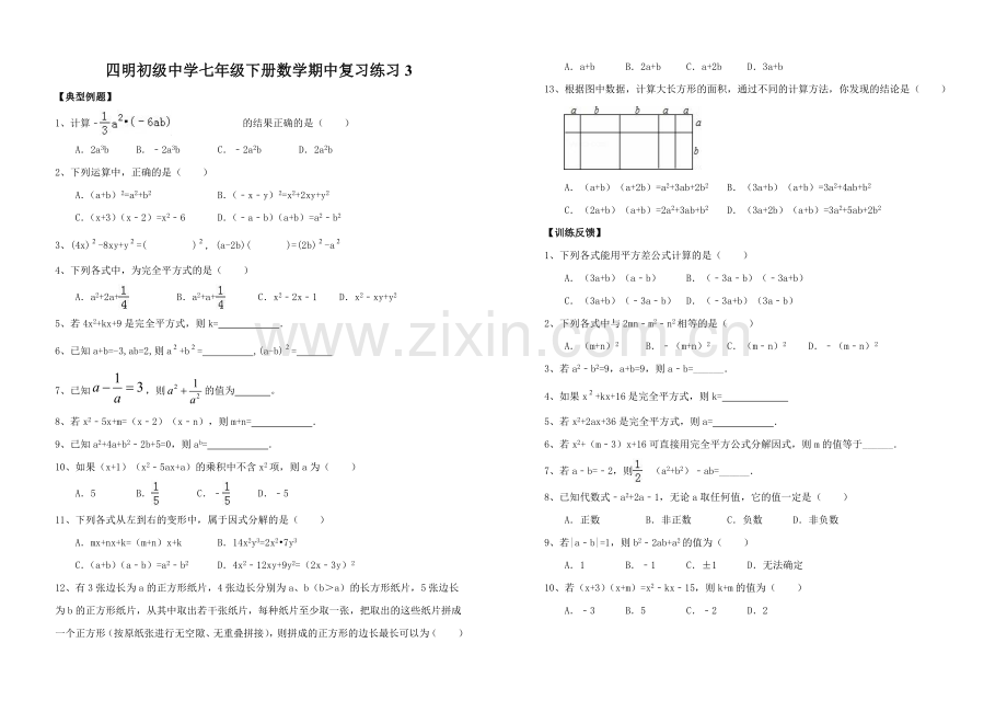 苏教版七年级下册数学期中复习练习.doc_第3页