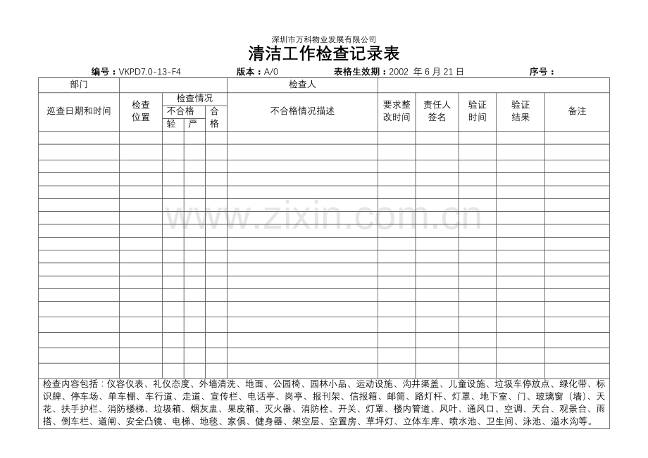 万科物业清洁工作检查记录表.doc_第1页