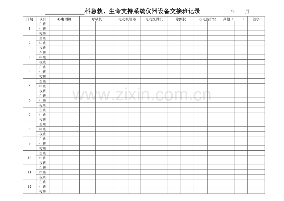 5急救生命支持系统仪器设备交接班记录.doc_第1页