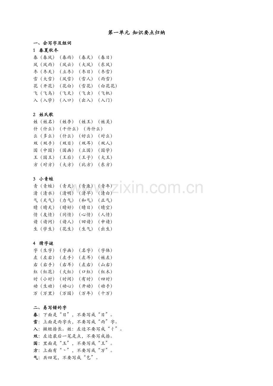 部编本小学一年级下册语文单元知识点全册.doc_第1页