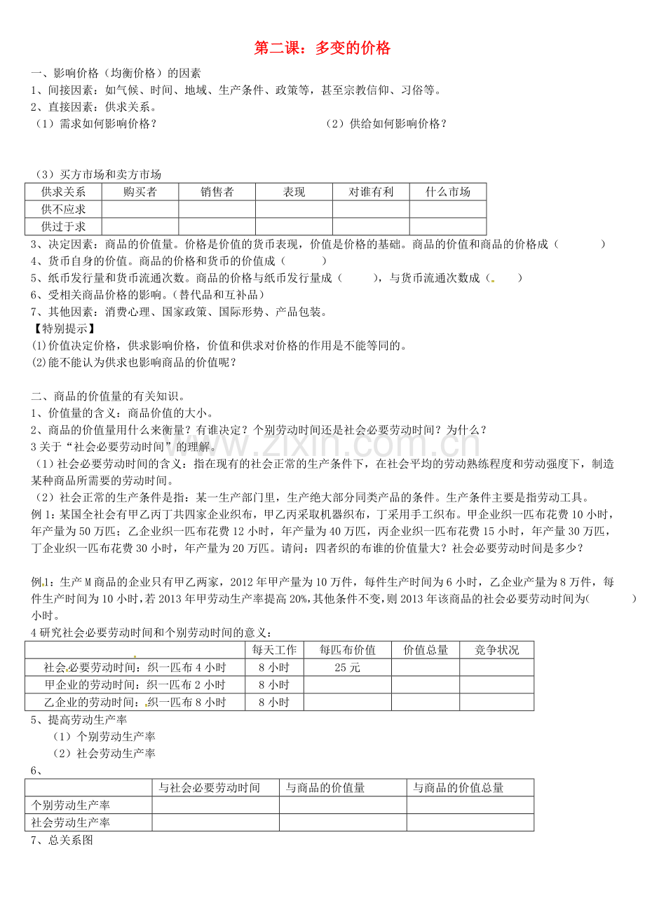 高中政治-第二课-多变的价格导学案新人教版必修1.doc_第1页