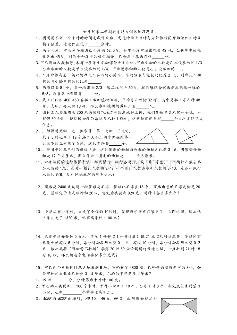 六年级第二学期数学能力训练练习题五.doc_第1页