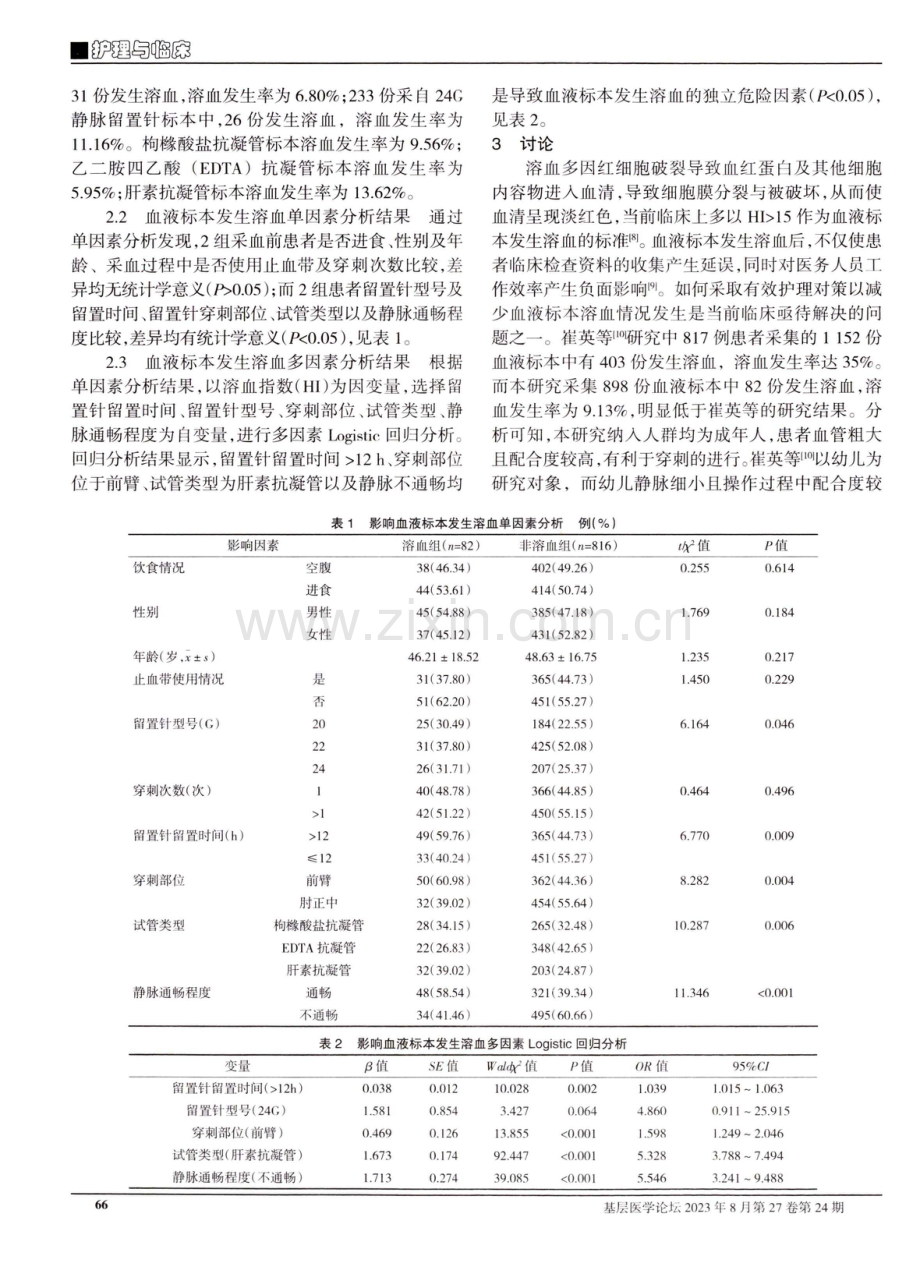 急诊科患者经留置静脉针和采血器所得血液标本发生溶血的危险因素分析.pdf_第2页