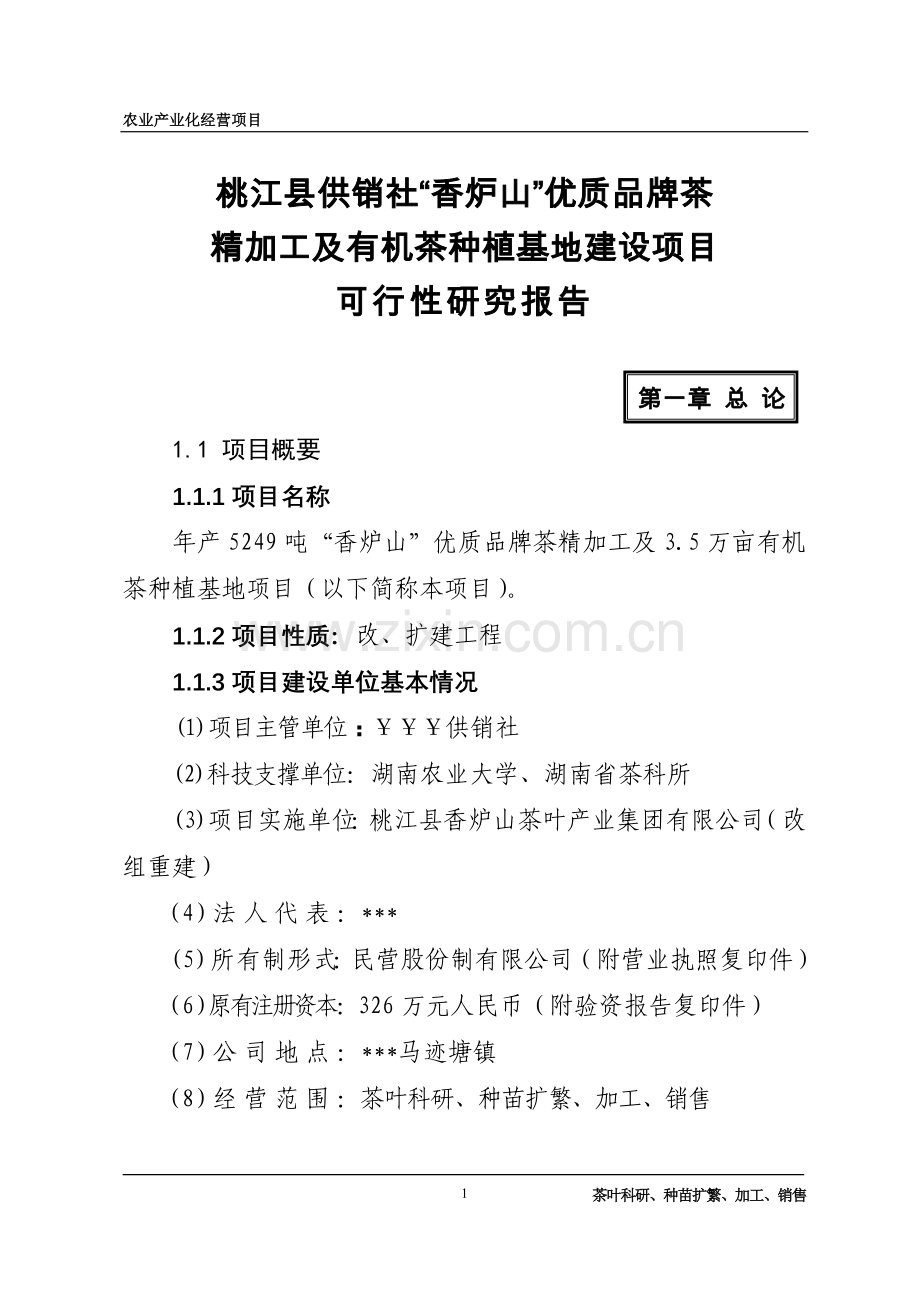 桃江某供销社“香炉山”优质品牌茶精加工及有机茶种植基地投资工程可行性研究报告.doc_第1页