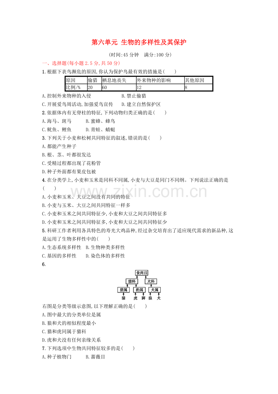 八年级生物上册--生物的多样性及其保护测评-新版新人教版.doc_第1页