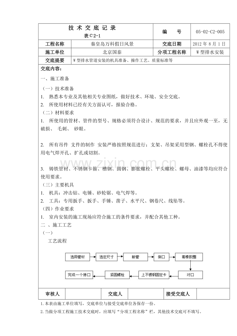 W型铸铁排水管安装技术交底记录.doc_第1页