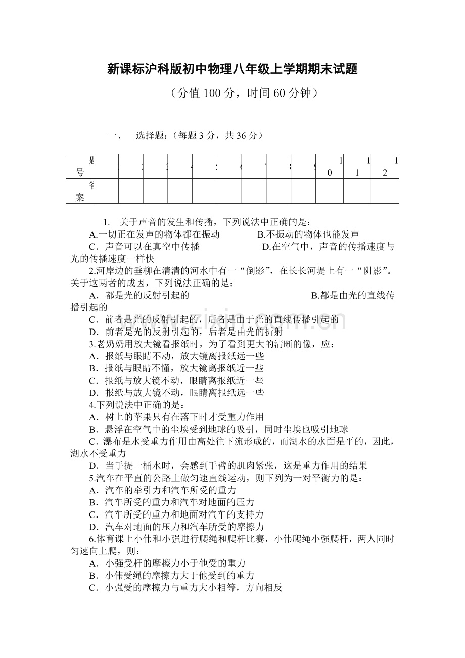 初中物理八年级上学期期末试题.doc_第1页