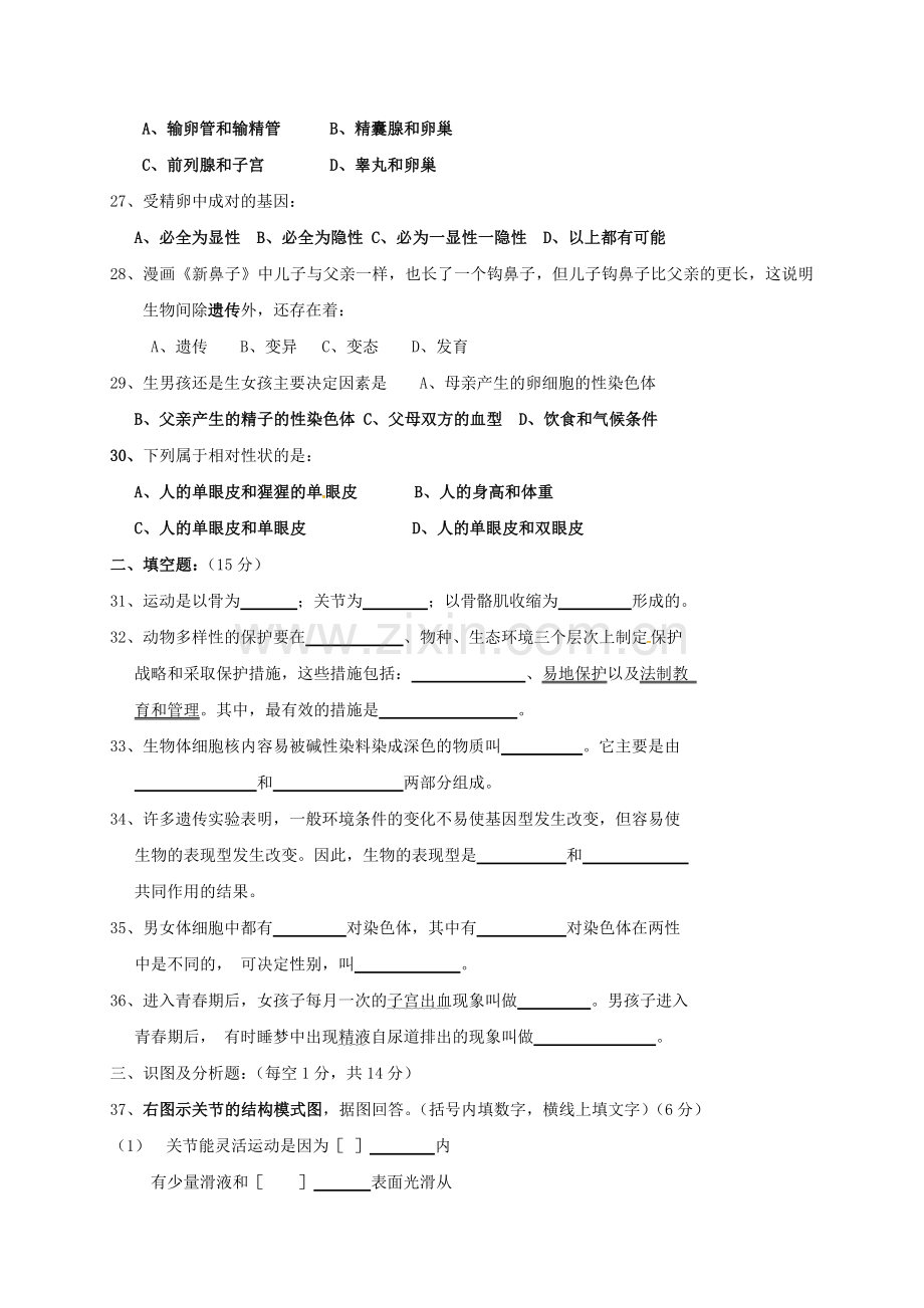 八年级生物上学期综合检测题一无答案-北师大版.doc_第3页