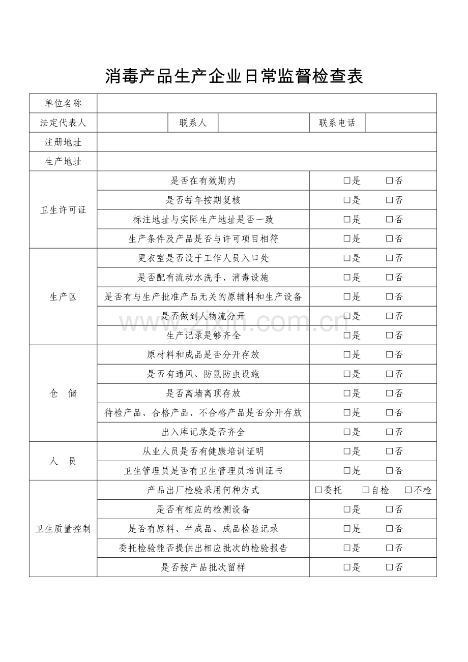 消毒产品生产企业日常监督检查表.doc_第1页