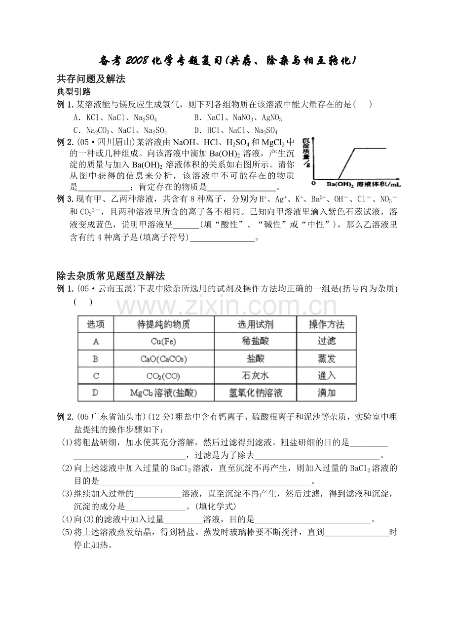 2008中考化学复习专题共存除杂与相互转化.doc_第1页