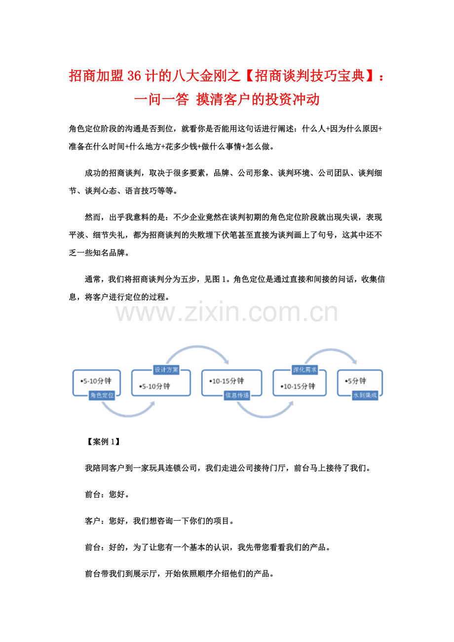 招商加盟36计的八大金刚之招商谈判技巧宝典一问一答摸清客户的投资冲动.doc_第1页