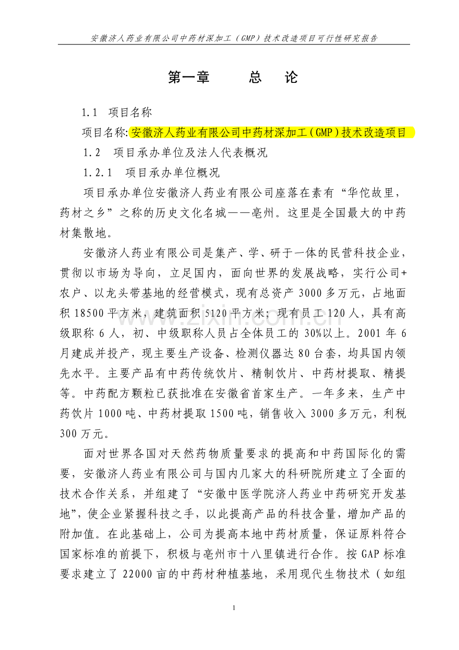 安徽济人药业有限公司中药材深加工(gmp)技术改造项目可行性研究报告.pdf_第1页