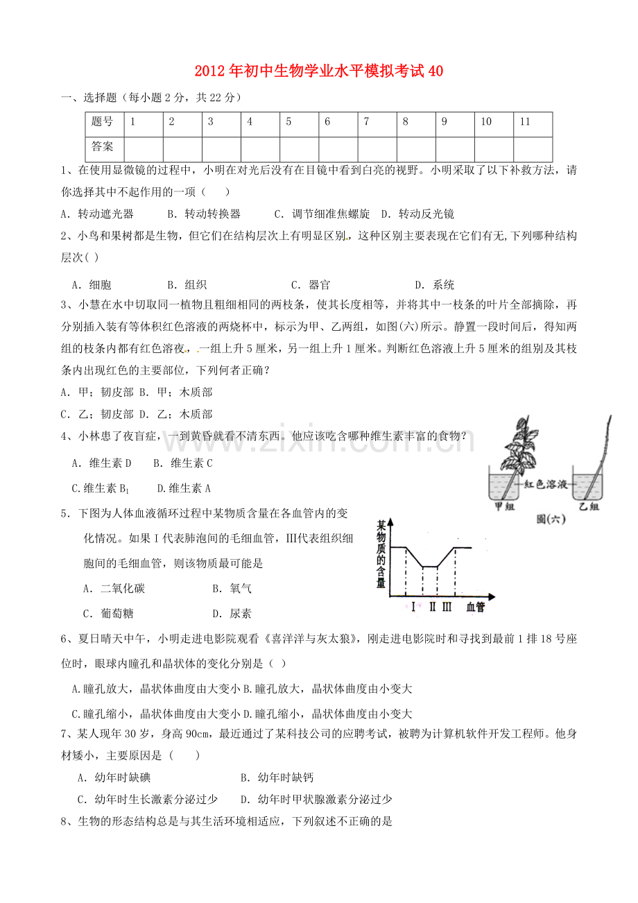 初中生物学业水平模拟考试40答案不全.doc_第1页