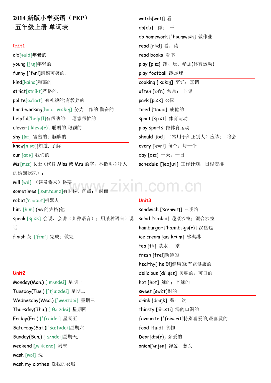 2014新版小学英语PEP五年级上册单词表.doc_第1页