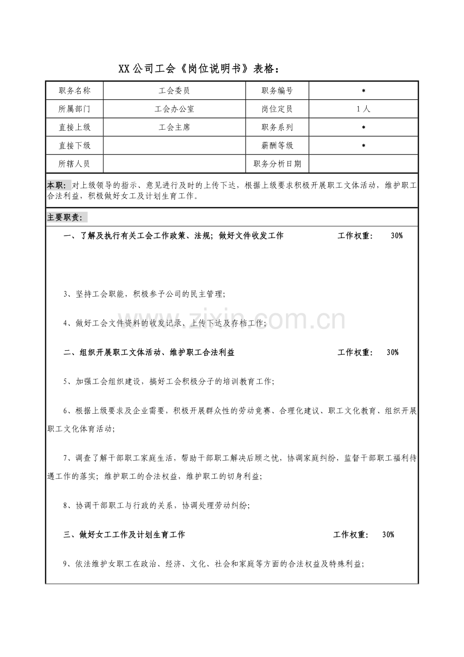 XX公司工会岗位说明书表格.doc_第1页