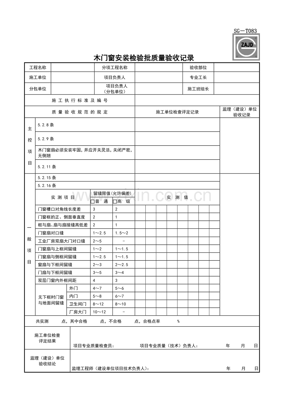 SGT083木门窗安装检验批质量验收记录.doc_第1页