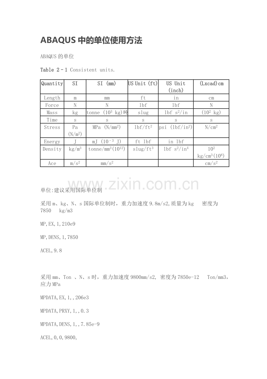 ABAQUS中的单位使用方法.doc_第1页