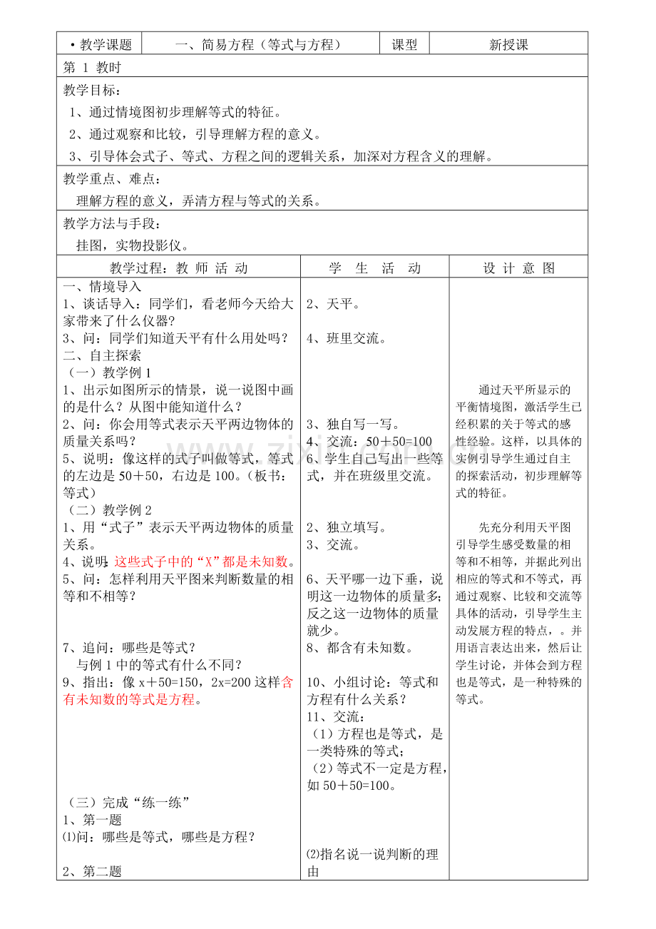 新苏教版五年级下册简易方程教案.doc_第1页