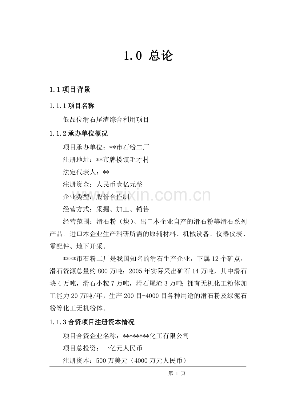 低品位滑石尾渣综合利用项目可行性研究报告.doc_第1页