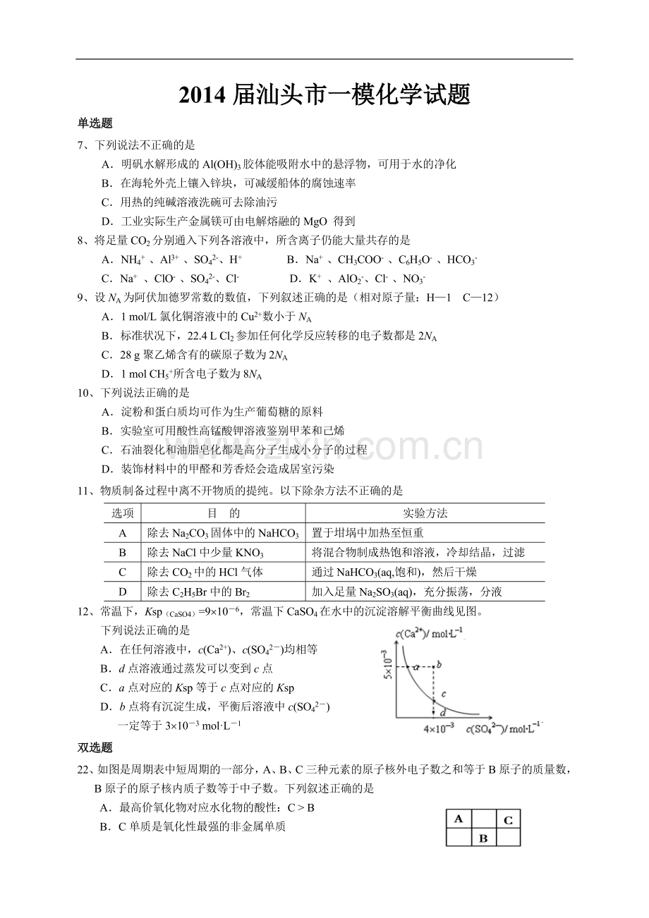 2014汕头一模广东省汕头市高三高考模拟化学试题Word版含答案.doc_第1页