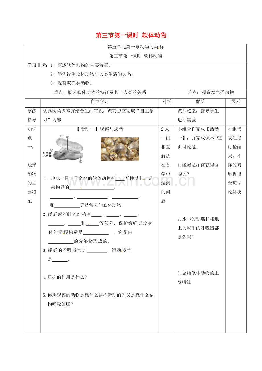 八年级生物上册-5131-软体动物导学案无答案新版新人教版.doc_第1页