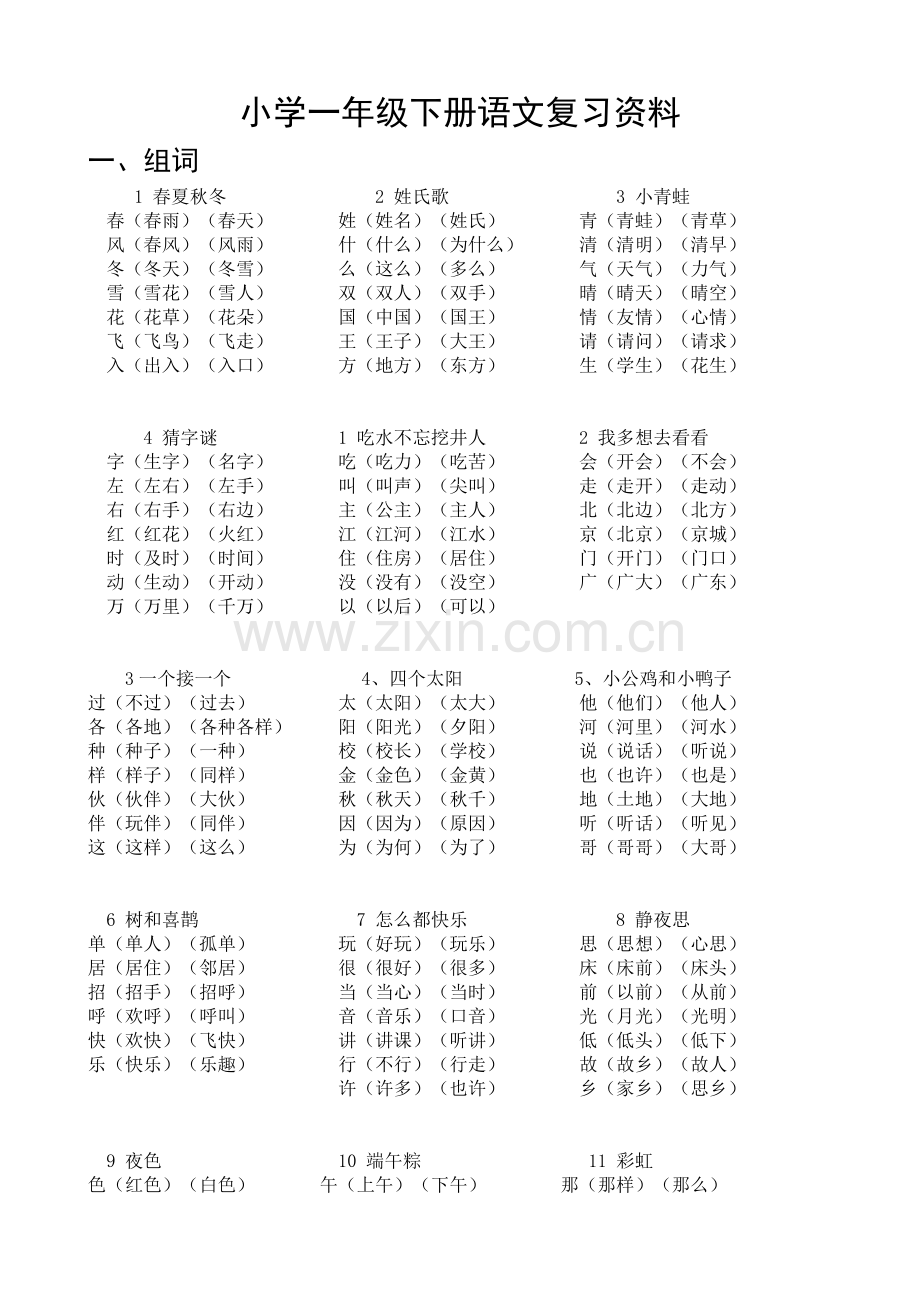 部编教材小学一年级下册语文复习资料全册.doc_第1页