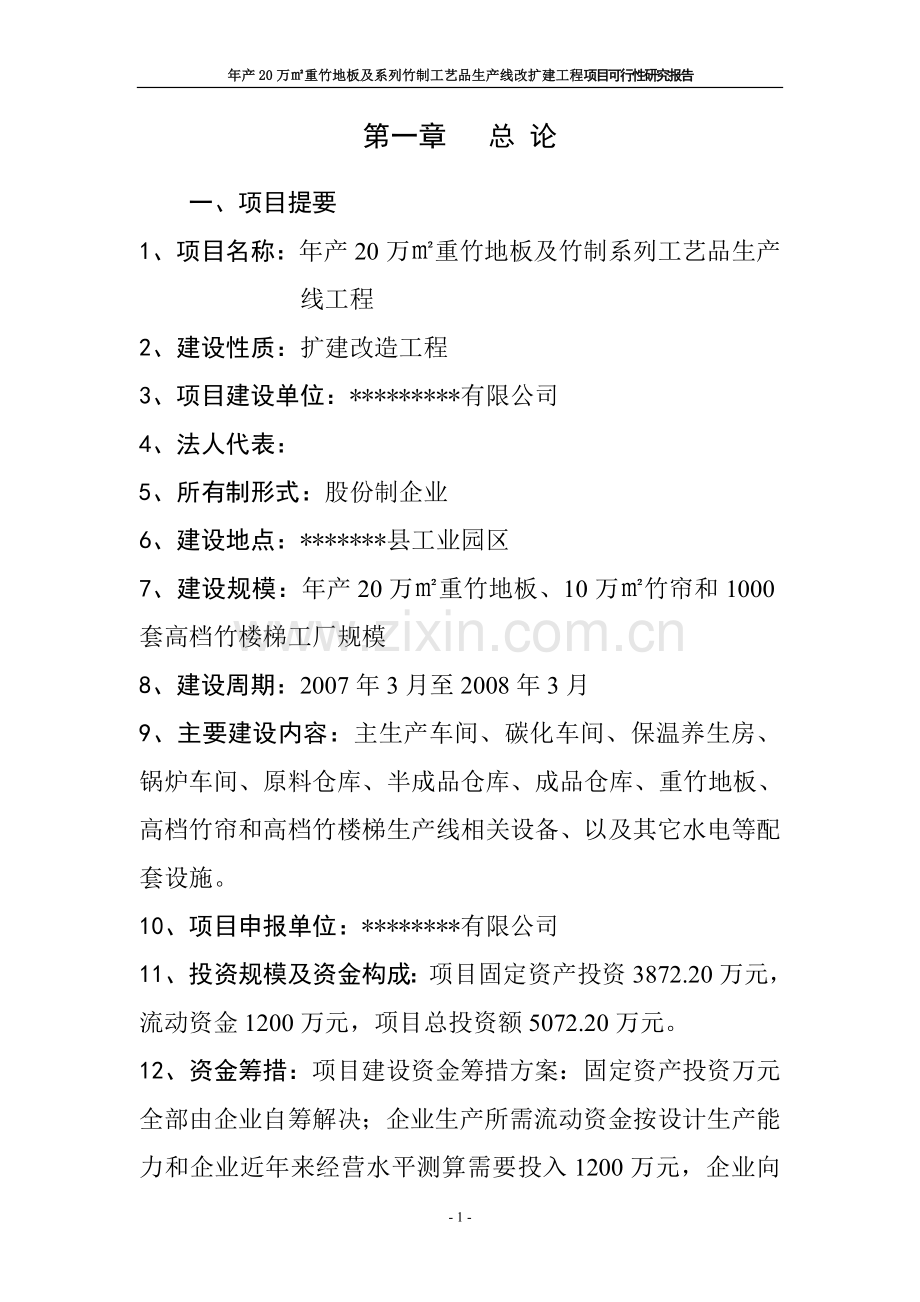 新建年产20万平方米重竹地板和1000套高挡竹楼梯生产线项目可行性研究报告书.doc_第1页