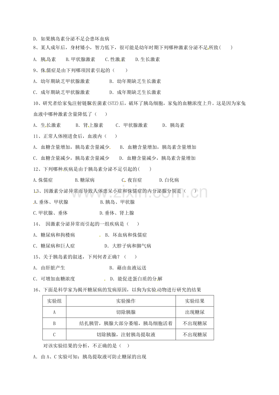 八年级生物上册-163-人体的激素调节练习无答案新版苏科版.doc_第2页