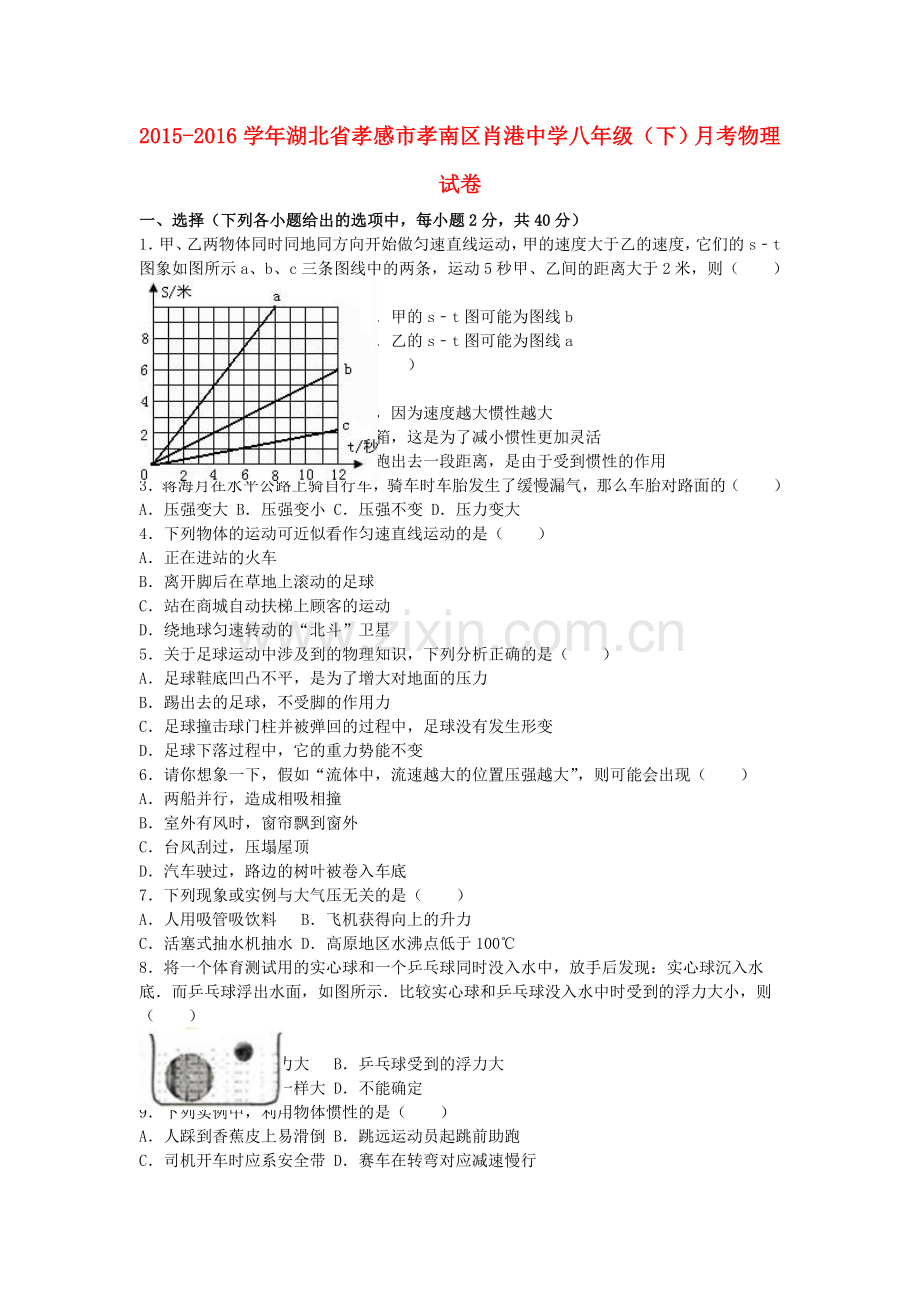 八年级物理下学期5月月考试卷含解析-新人教版11.doc_第1页