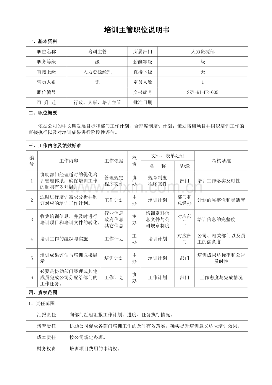 5培训主管职位说明书.doc_第1页