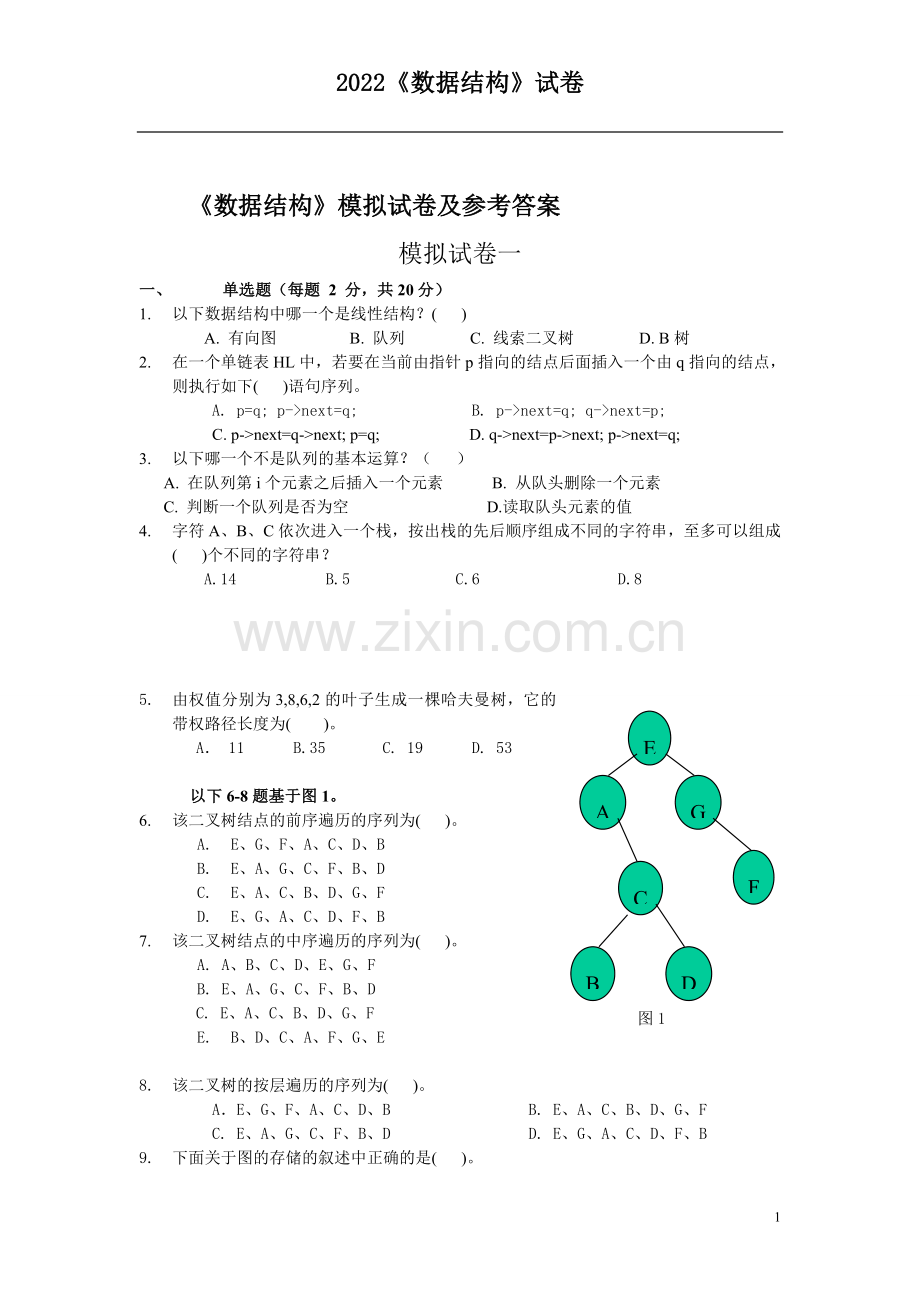 《数据结构》期末模拟试卷及参考答案【十套】.doc_第1页