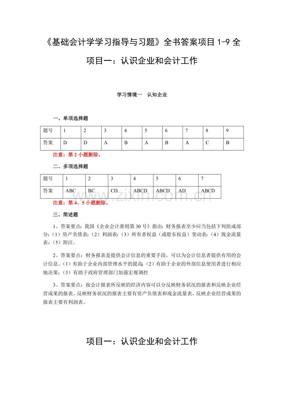 《基础会计学学习指导与习题》全书答案项目1-9全.docx_第1页