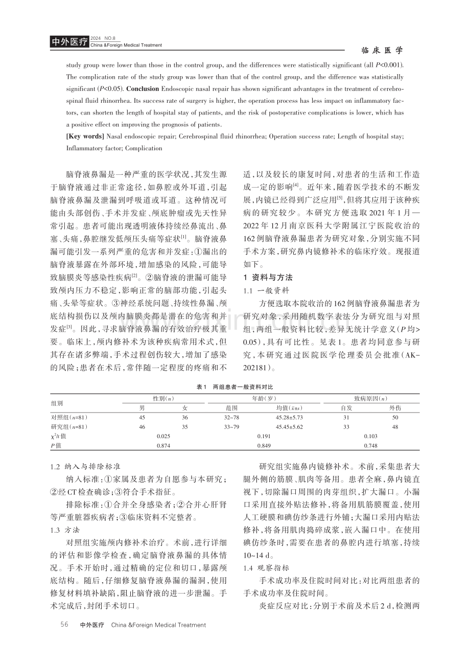 鼻内镜修补术对脑脊液鼻漏患者住院时间及并发症的影响 (1).pdf_第2页