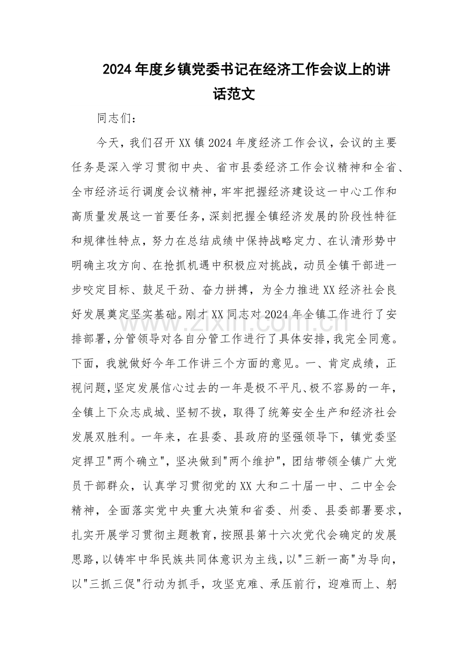 2024年度乡镇党委书记在经济工作会议上的讲话范文.docx_第1页