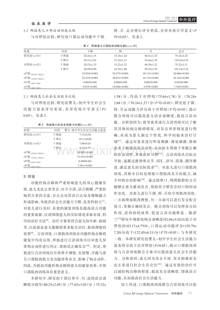 口部肌肉训练联合言语训练对功能性构音障碍患儿言语功能恢复情况、社会生活能力的影响.pdf_第3页