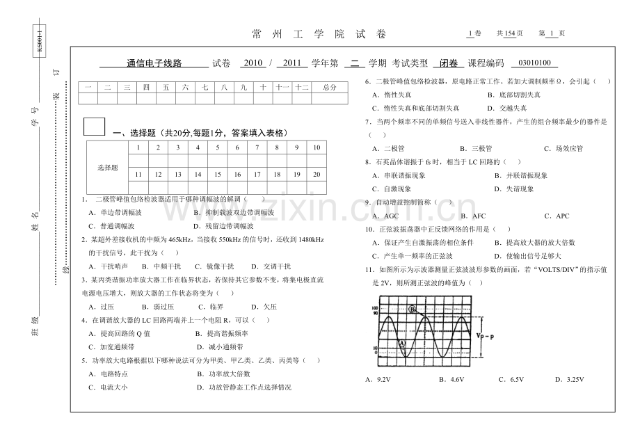 通信电子线路20套期末考试题AB卷及答案.doc_第1页