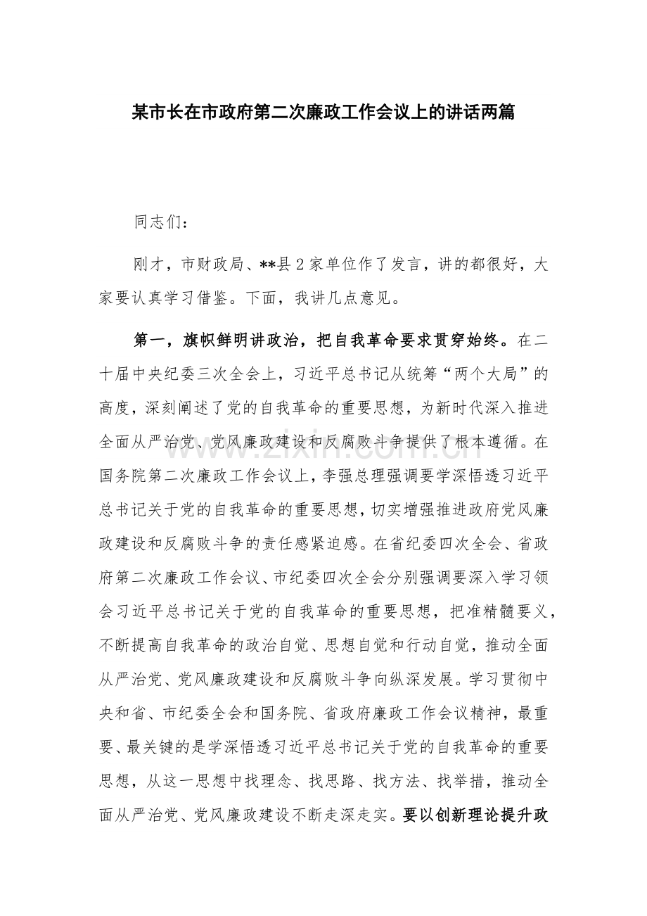 某市长在市政府第二次廉政工作会议上的讲话两篇.docx_第1页