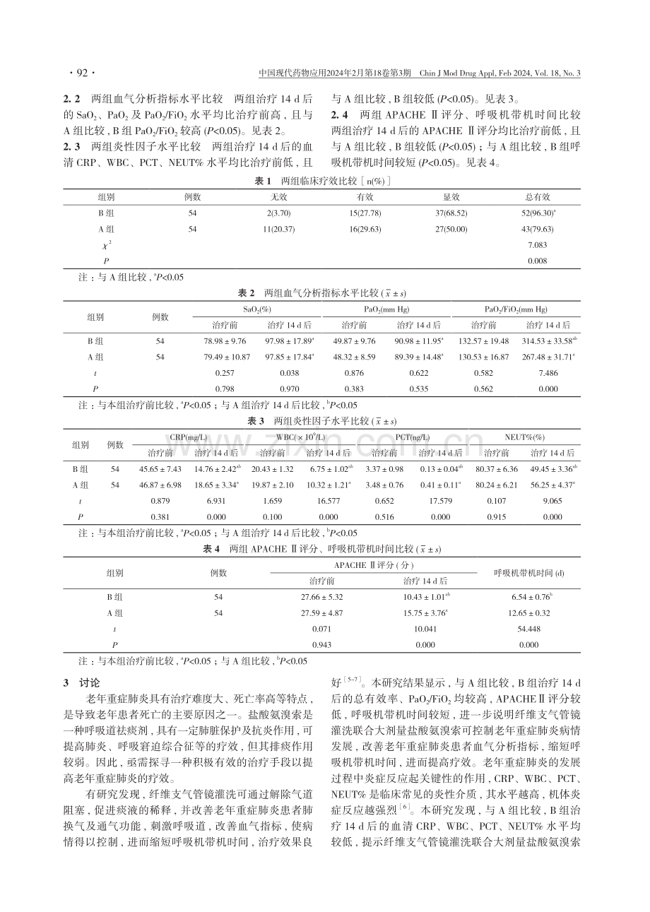 纤维支气管镜灌洗联合大剂量盐酸氨溴索对老年重症肺炎患者炎性因子的影响.pdf_第3页