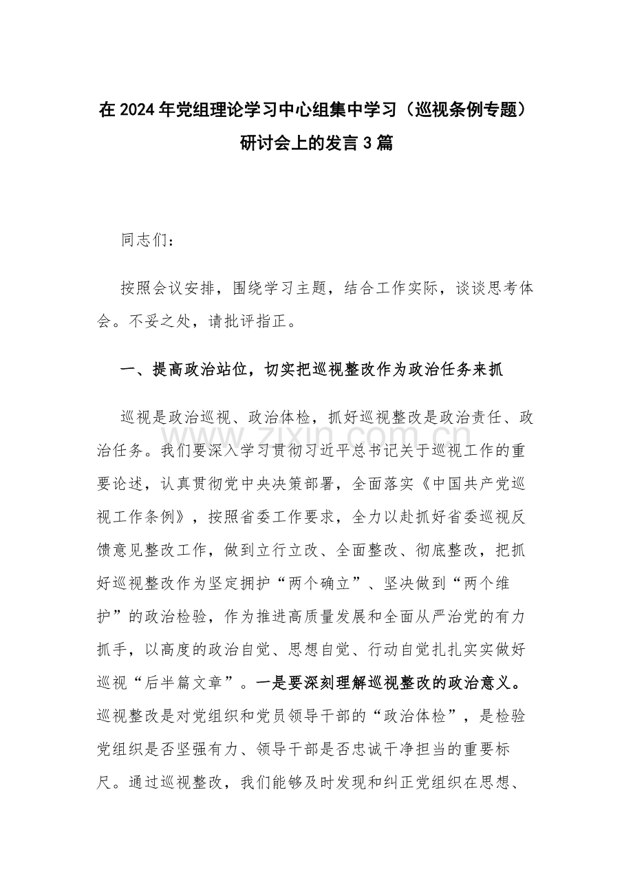 在2024年党组理论学习中心组集中学习（巡视条例专题）研讨会上的发言3篇.docx_第1页