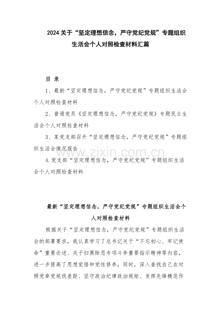 2024关于“坚定理想信念严守党纪党规”专题组织生活会个人对照检查材料汇篇.docx_第1页