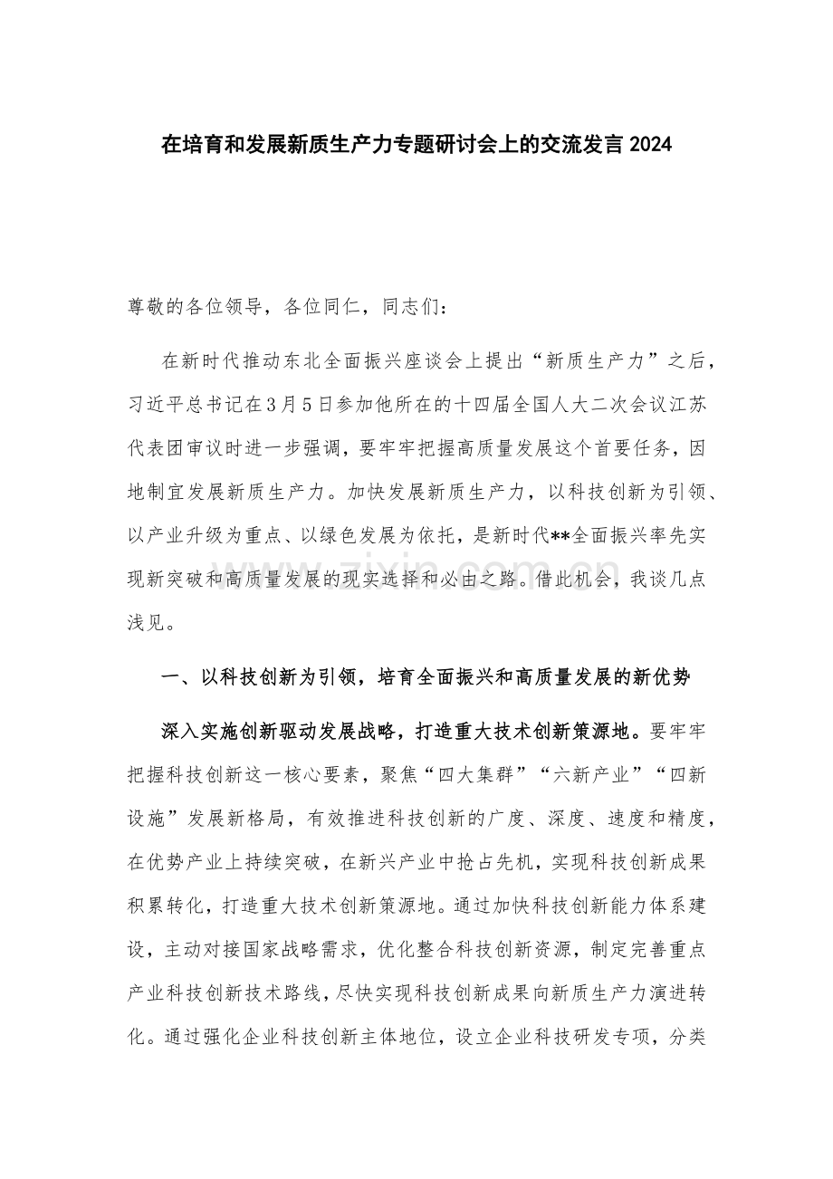 在培育和发展新质生产力专题研讨会上的交流发言2024.docx_第1页