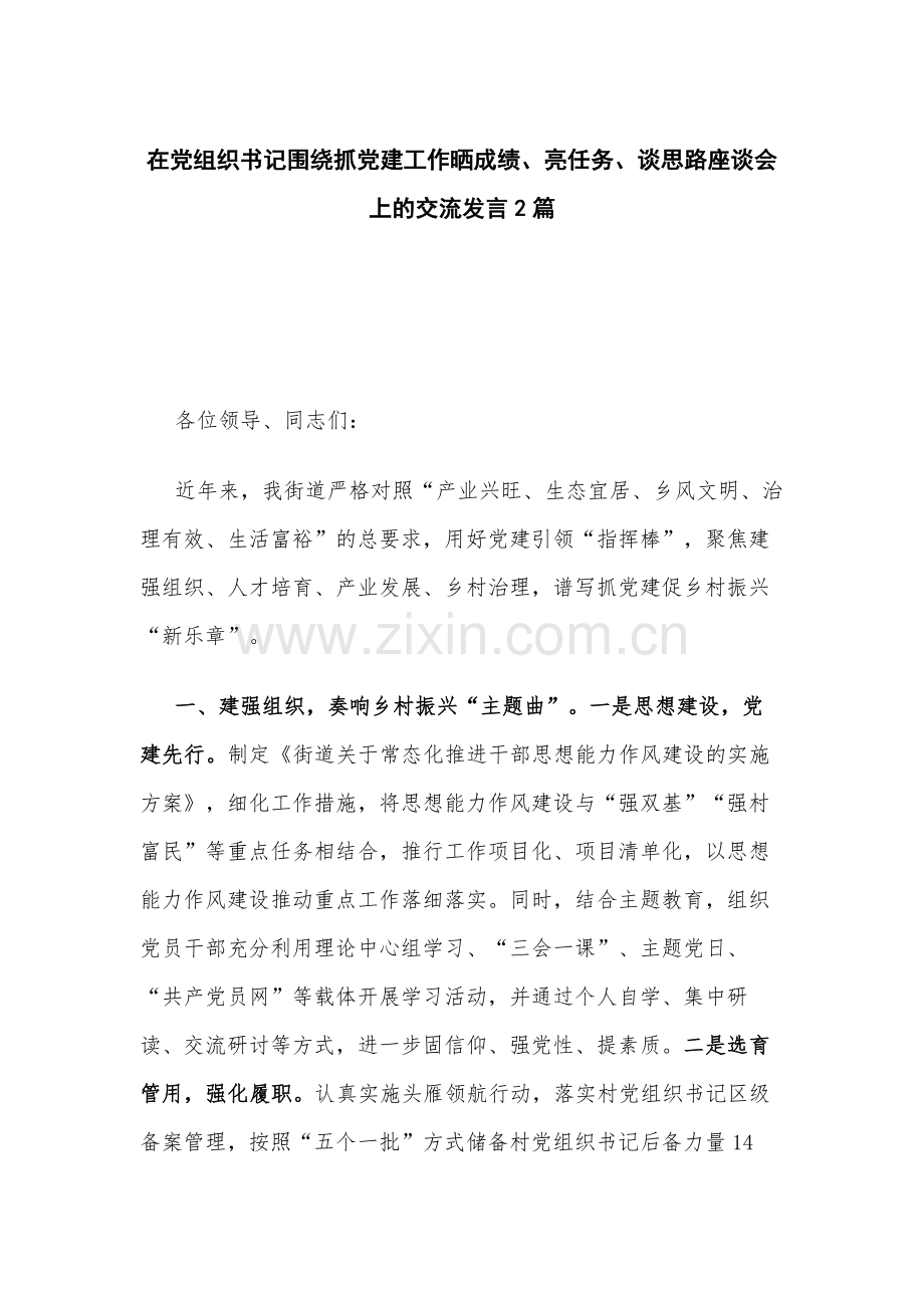 在党组织书记围绕抓党建工作晒成绩、亮任务、谈思路座谈会上的交流发言2篇.docx_第1页