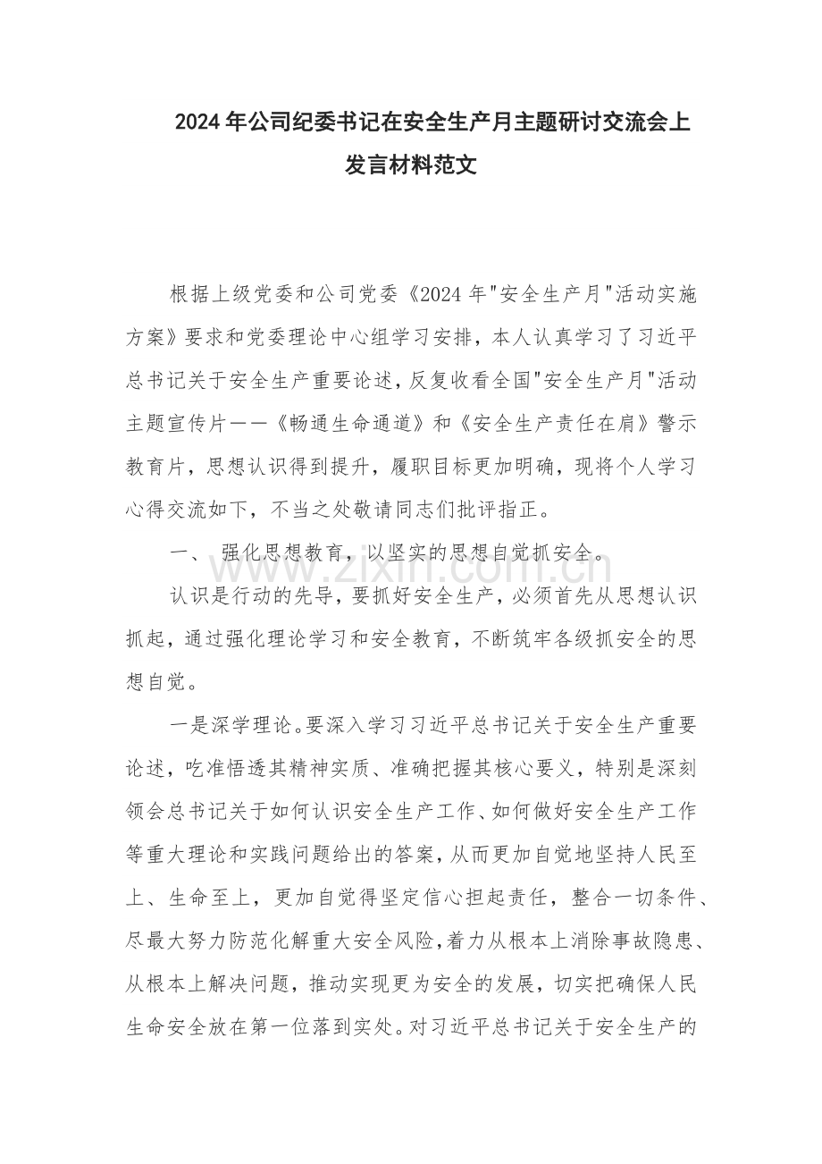 2024年公司纪委书记在安全生产月主题研讨交流会上发言材料范文.docx_第1页