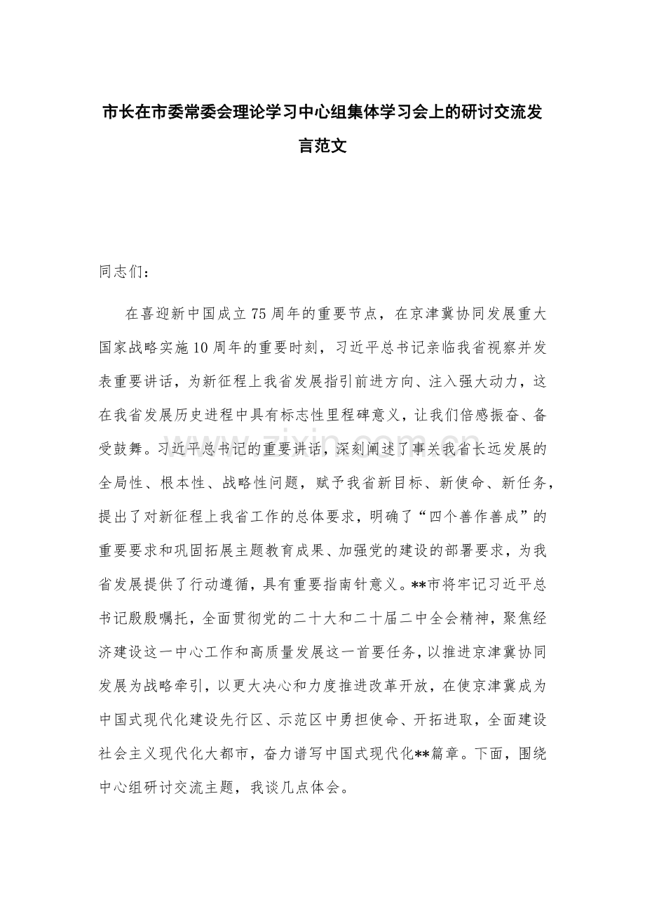 市长在市委常委会理论学习中心组集体学习会上的研讨交流发言范文.docx_第1页