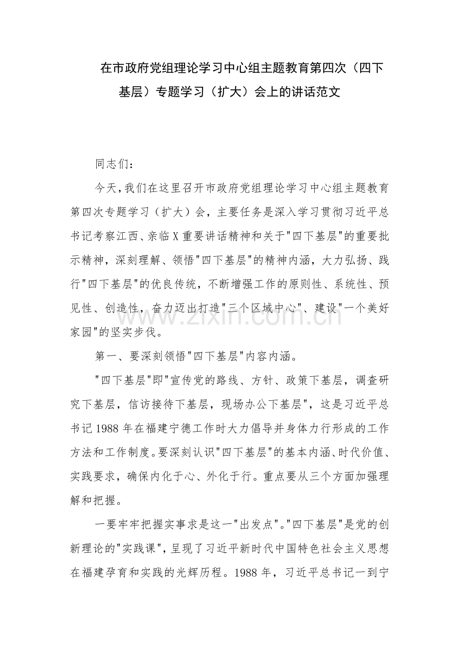 在市政府党组理论学习中心组主题教育第四次（四下基层）专题学习（扩大）会上的讲话范文.docx_第1页