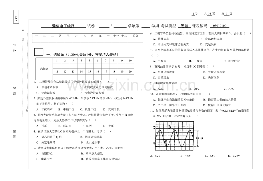 通信电子线路试卷AB卷1套期末考试卷带答案-模拟试卷-测试卷-期末考试题.doc_第1页