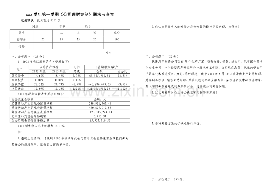 公司理财案例期末考试卷AB卷2套及答案.doc_第1页