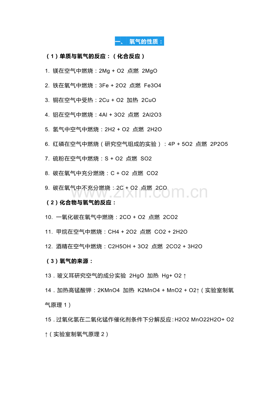 初中化学各单元化学方程式汇总.docx_第1页