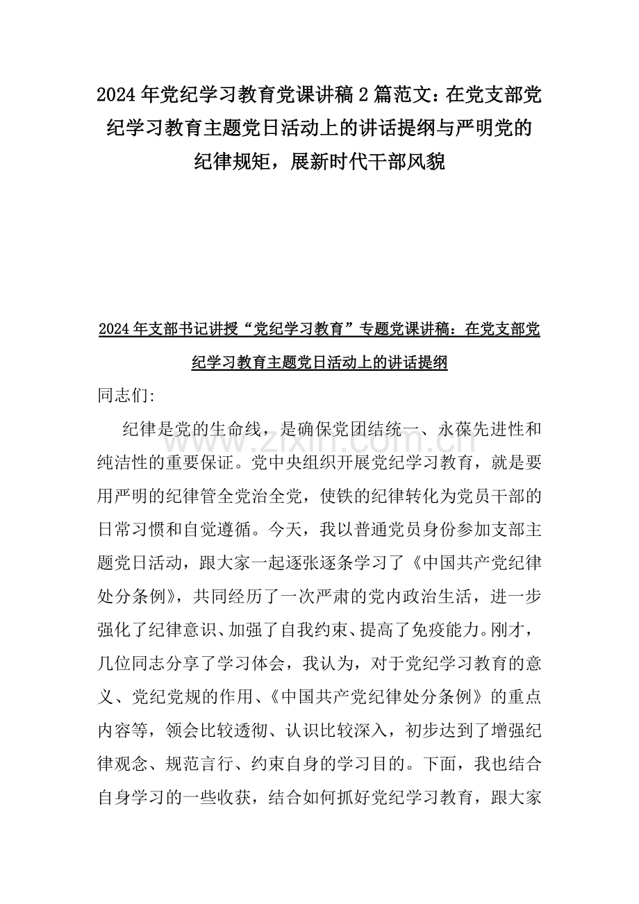 2024年党纪学习教育党课讲稿2篇范文：在党支部党纪学习教育主题党日活动上的讲话提纲与严明党的纪律规矩展新时代干部风貌.docx_第1页